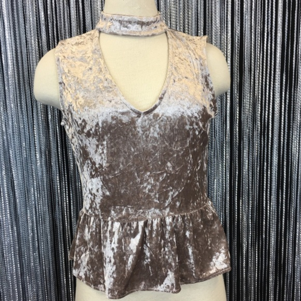 Cloud & Sky Crushed Velvet Peplum Champagne Top
